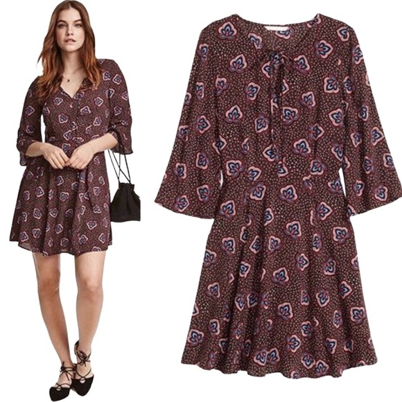 H&M Boho Patterned Fit and Flare Dress With Long Sleeves Brown Size 4 - Picture 1 of 8